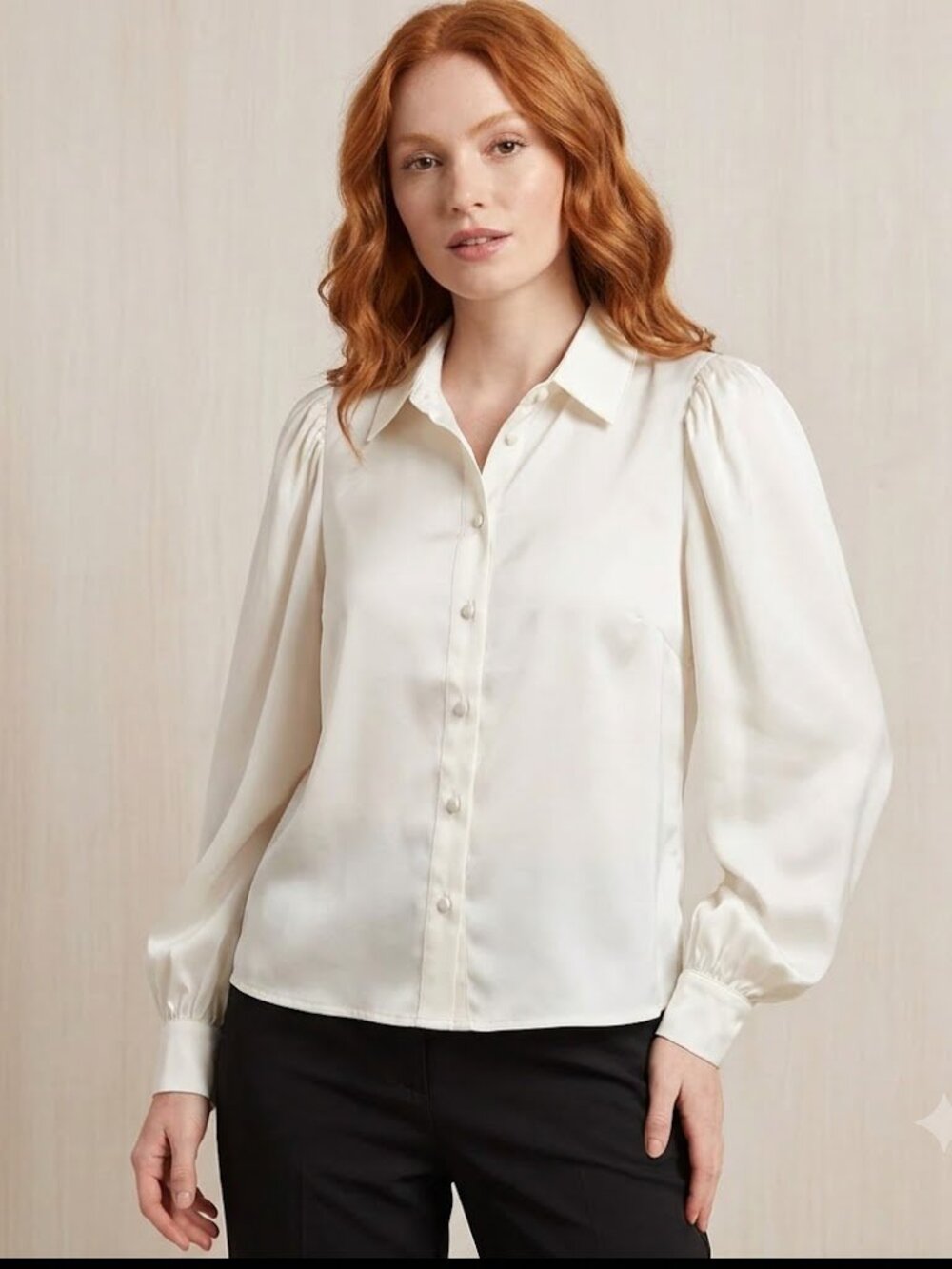 ONLY Ivory White Satin Puff Sleeve Button-Down Blouse - Size 2 / S